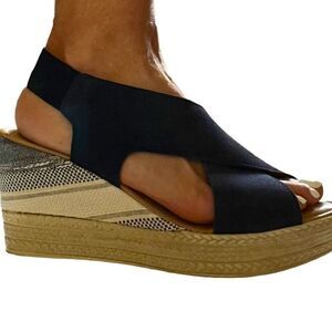 BELLA ~ VITA Women’s Leather Suede Platform Wedge Open Toe Sandal Blue Size 10